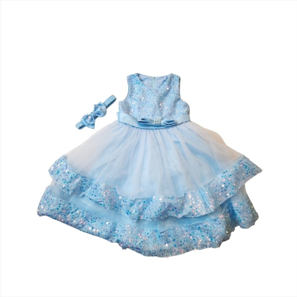 Fluffy Sequin Girls Dress Elegant Bow Wedding Birthday Princess Dress Gown